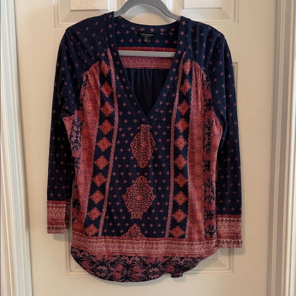 Lucky Brand navy boho printed blouse large cotton linen blend